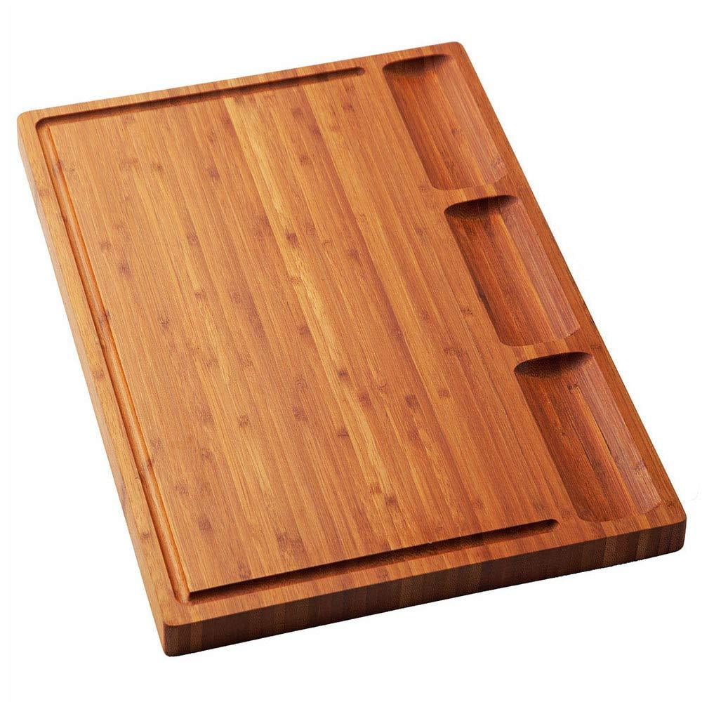 Large Bamboo Wood Cutting Board for Kitchen, Cheese Charcuterie Board with 3 Built-in Compartments and Juice Grooves, Butcher Block (17x12.6")