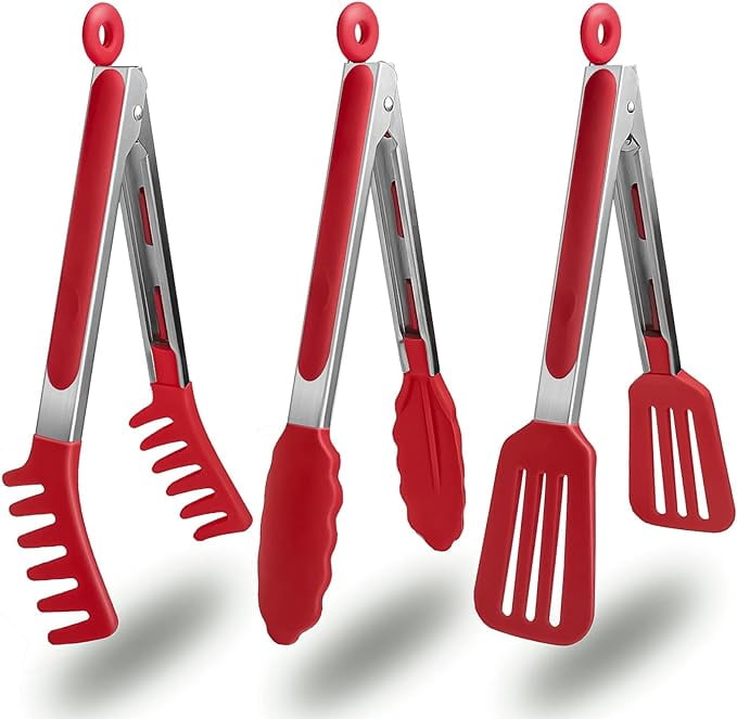 HST 3 Pack Kitchen Tongs, Non Stick Stainless Steel 9 Inch Tongs With Silicone Tip for Cooking BBQ Baking(Red)