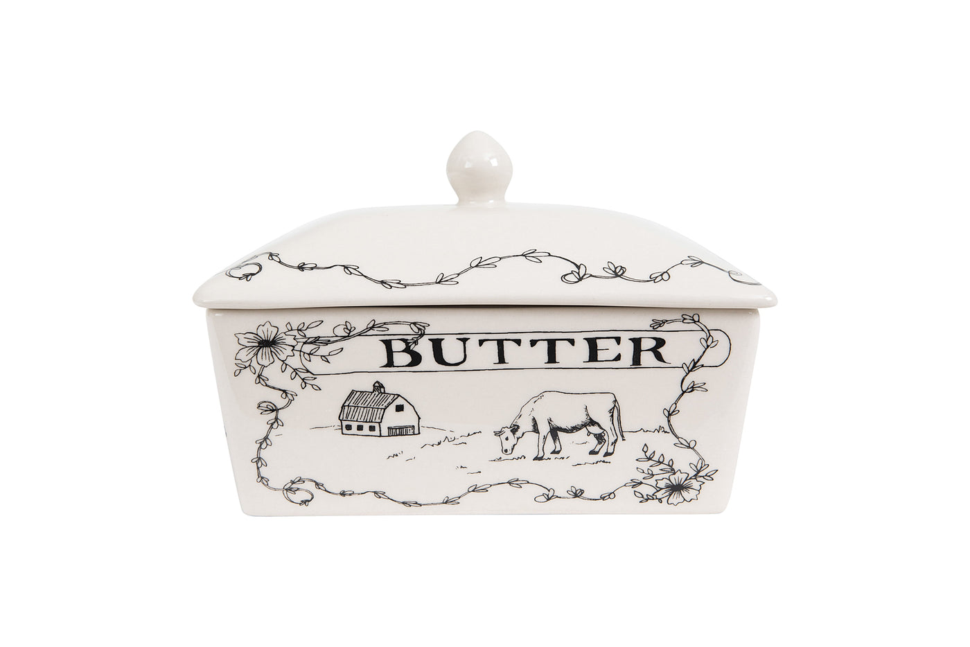 Creative Co-Op Country Style White & Black Stoneware Butter Dish with Lid