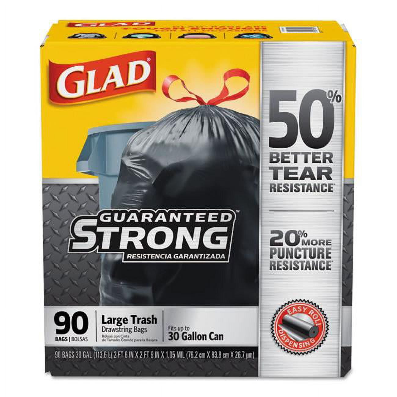 Glad CLO78952 30 gal Drawstring Large Trash Bags, Black - Pack of 90