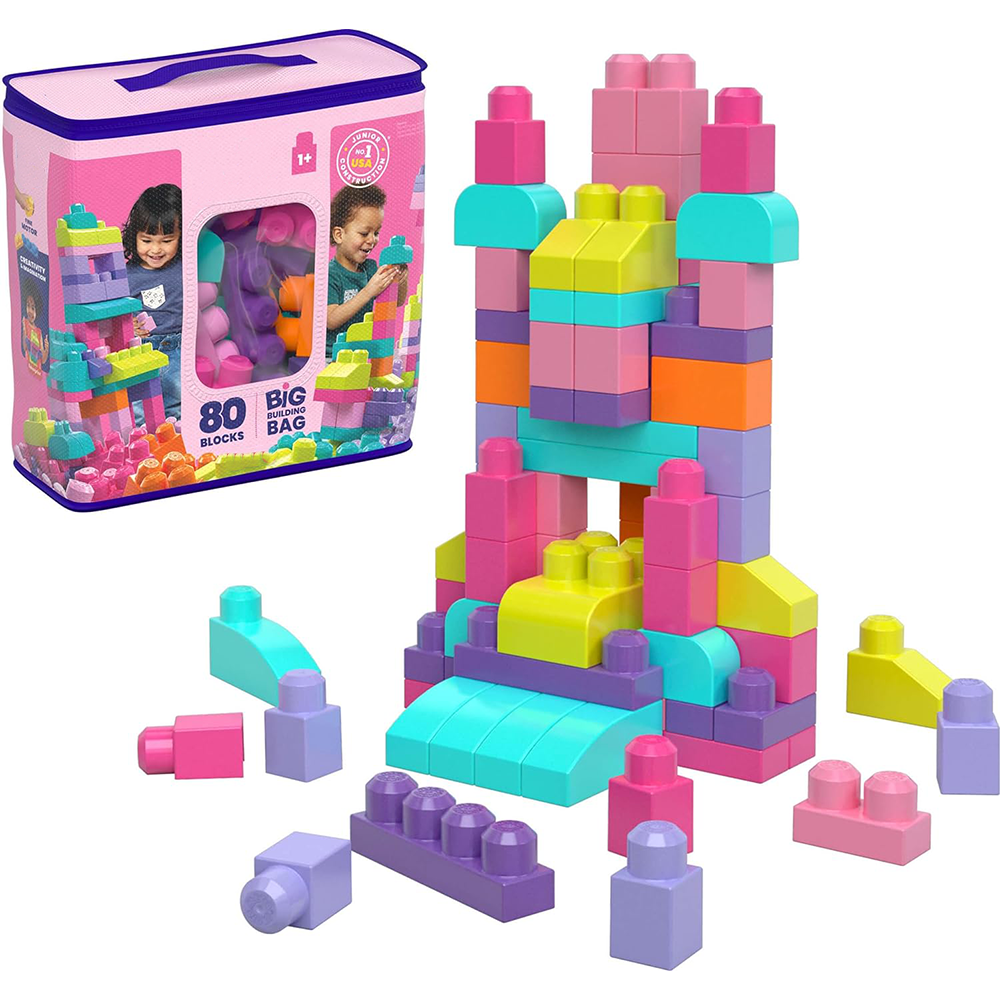 Toddler Block Toys, Big Building Bag with 80 Pieces and Storage Bag, Pink, Gift Ideas for Kids Age 1+ Years