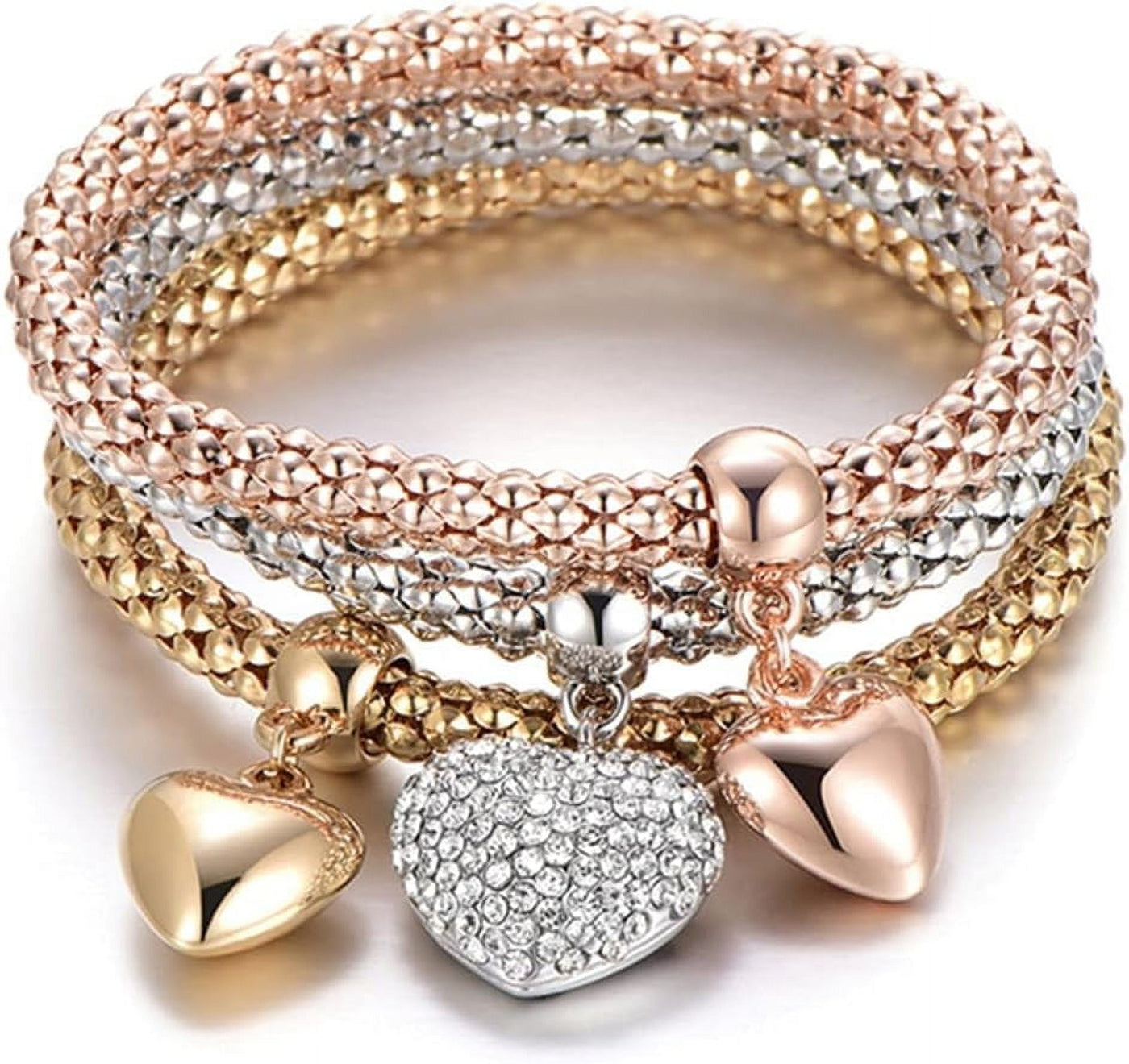 Crystal Charms Multilayer Bracelets - Gold/Silver/Rose Gold Corn Chain Bracelet for Women, Tree of Life Heart Shaped Stretch Bracelet