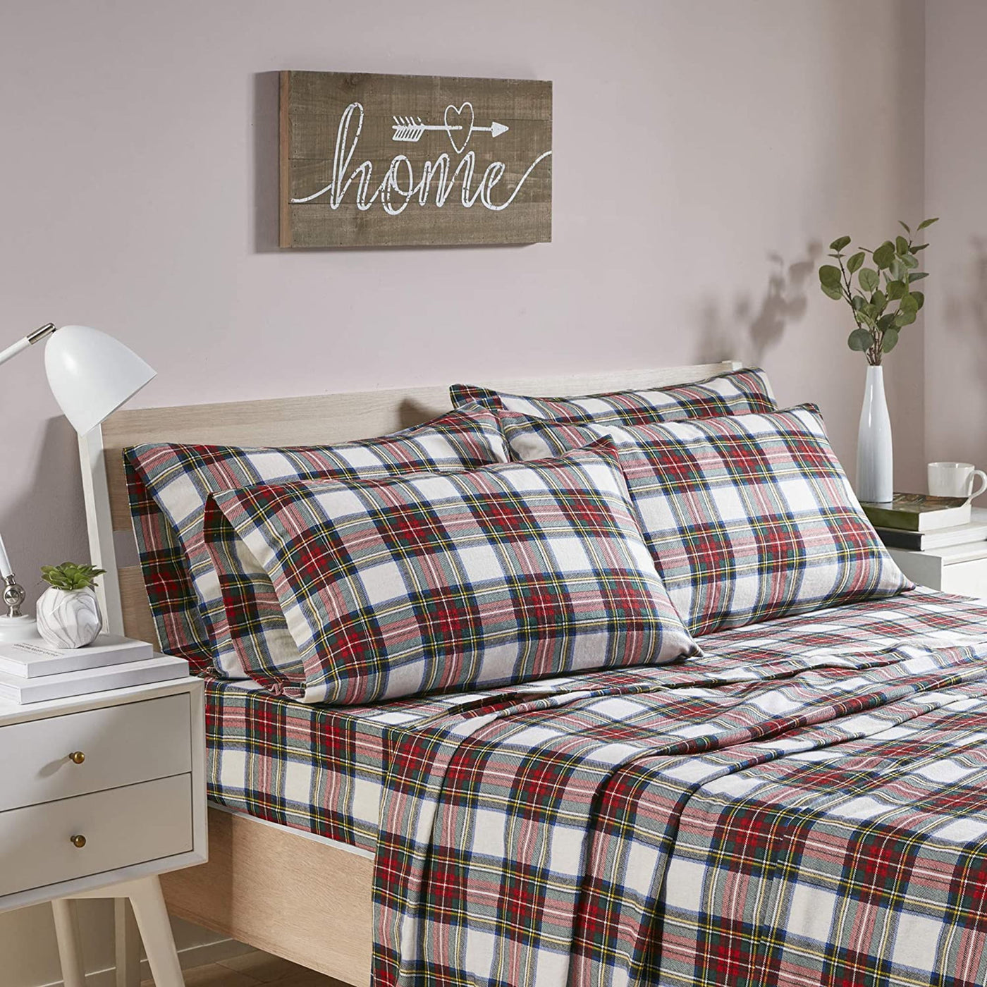 Comfort Spaces Scottish Plaid 100% Cotton Flannel Printed Sheet Set, Twin, Red Plaid