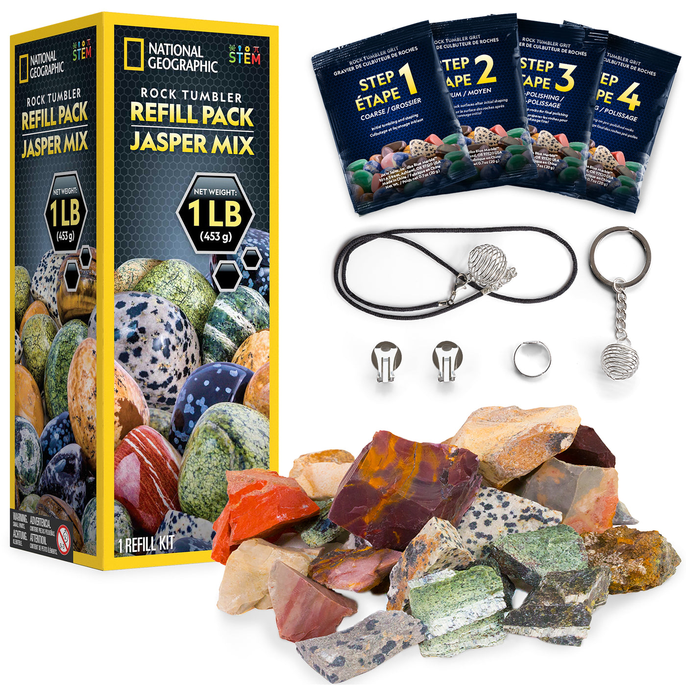 NATIONAL GEOGRAPHIC Rock Tumbler Refill Kit - 1 Lb. Jasper Rough Rocks for Tumbling, 8 Varieties including Mookaite and Kabamba, Rock Tumbler Grit and Jewelry Accessories, For All Ages