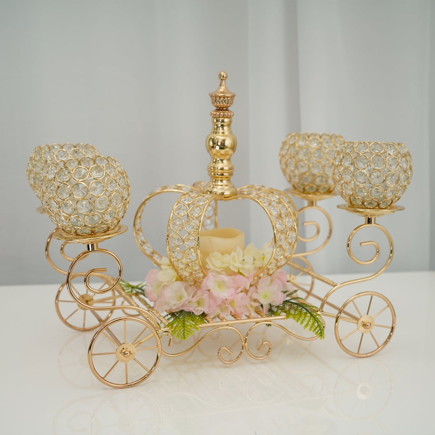 Efavormart 18" - Metallic Gold Cinderella Carriage Crystal Candle Holder Centerpiece for Wedding, Dining Table, Party, Event, Home Decor