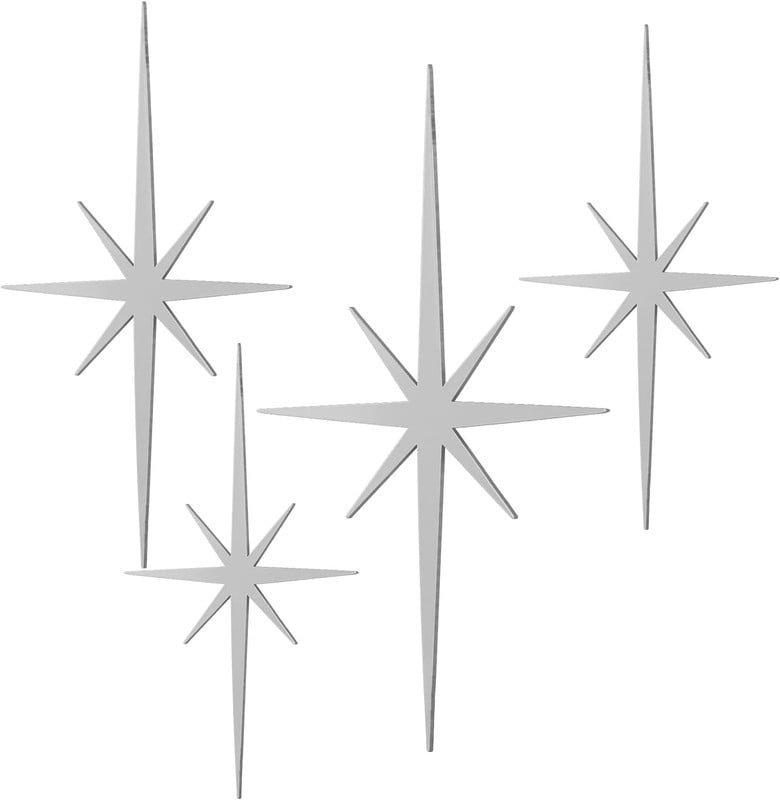 4 Pcs Cast Iron Starburst Wall Decor 8 Pointed Atomic Stars Wall Hangings Mid Century Modern Elegance Wall Accents Easy Install Finish Metal Wall Art for Home Office Room(Silver)