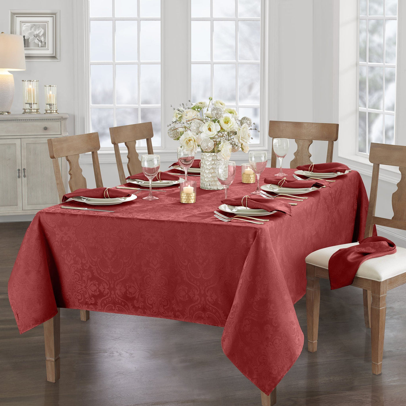 Caiden Elegance Damask Tablecloth - 60" x 120" - Red - Elrene Home Fashions