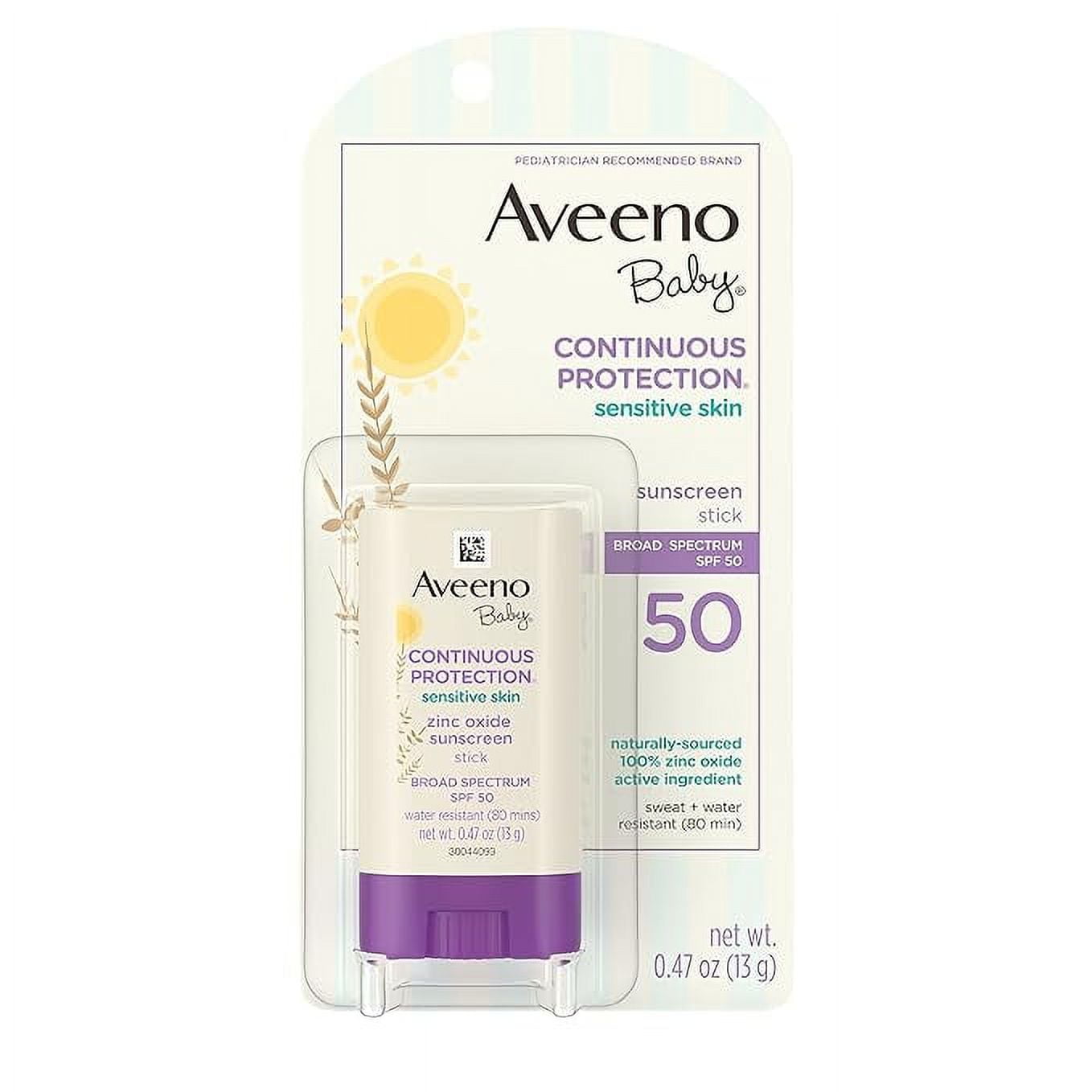 Aveeno Baby Continuous Protection Mineral Sunscreen Stick for Sensitive Skin with Broad Spectrum SPF 50 Protection for Face & Body, Naturally Sourced 100% Zinc Oxide, Travel Size, 0.47 oz