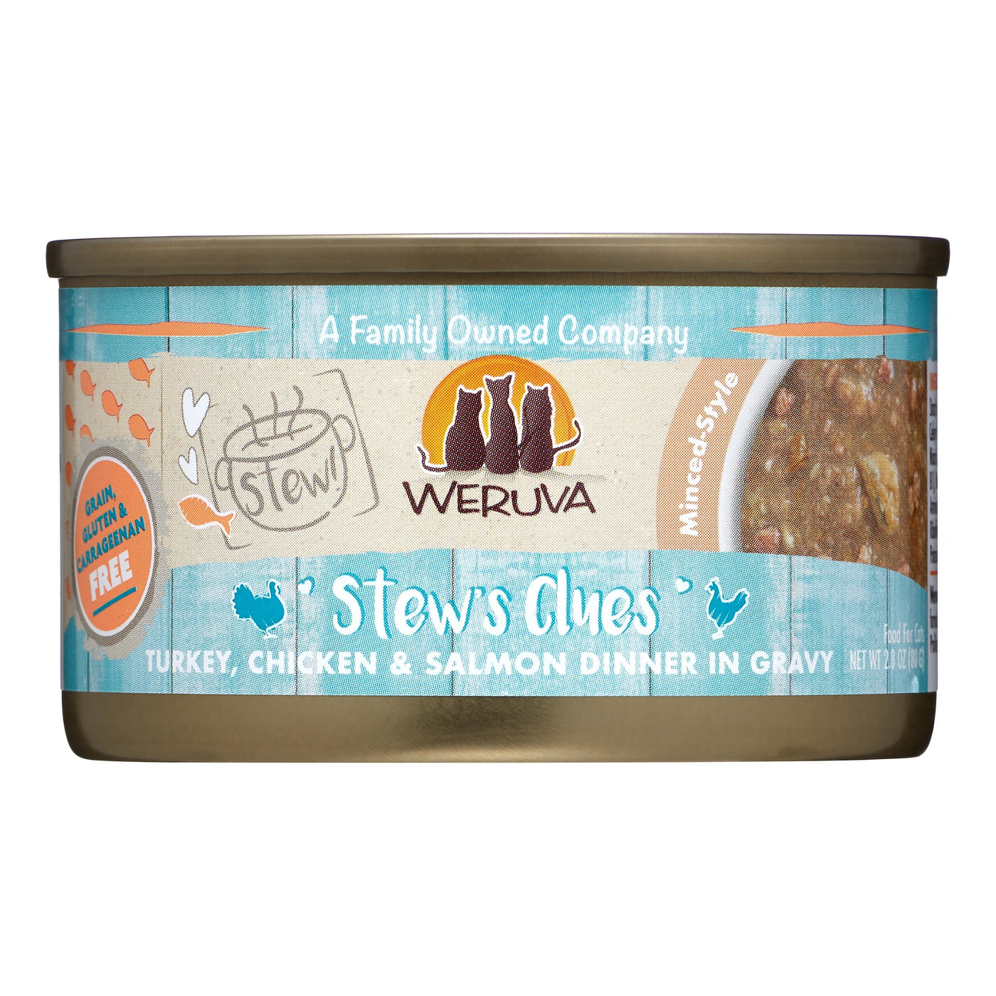 (12 Pack) Weruva Stew! Stew's Clues Turkey, Chicken, & Salmon Dinner in Gravy Wet Cat Food, 2.8 oz. Cans