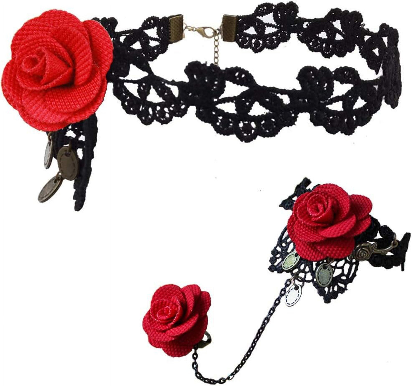 Steampunk Gothic Red Flower Rose Choker Necklace Bracelet Set - Lace Jewelry for Halloween Costume Party - Adjustable Length - Includes Exquisite Gift Box