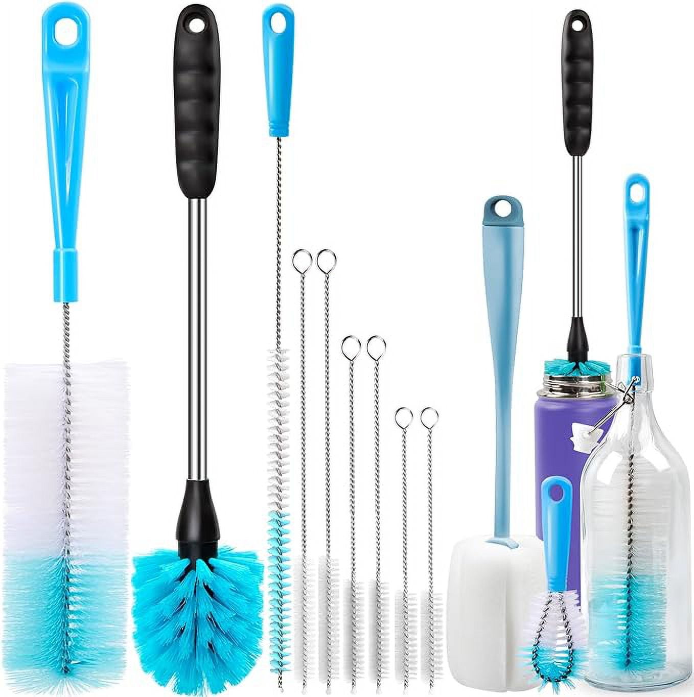 Holikme Tube Straw Brush Cleaning Set, Long Handle Bottle Cleaner for Washing Narrow Neck Beer Bottles, Wine Decanter, Narrow Cup, Pipes, Hydro Flask Tumbler, Sinks, Cup Cover, Azul