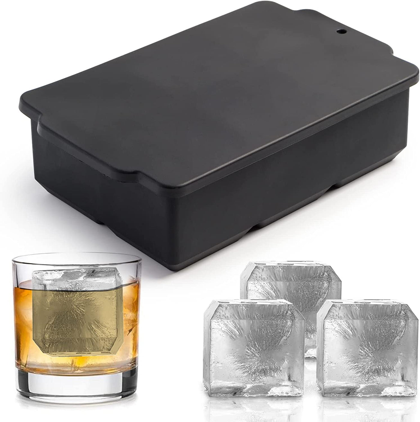 Large Ice Cube Molds Tray with Lid - Stackable Silicone Square Ice Cube Mold for Whiskey Cocktail - 6 Giant Ice Cubes - Perfect for Chilling Drinks and Freezing Food -