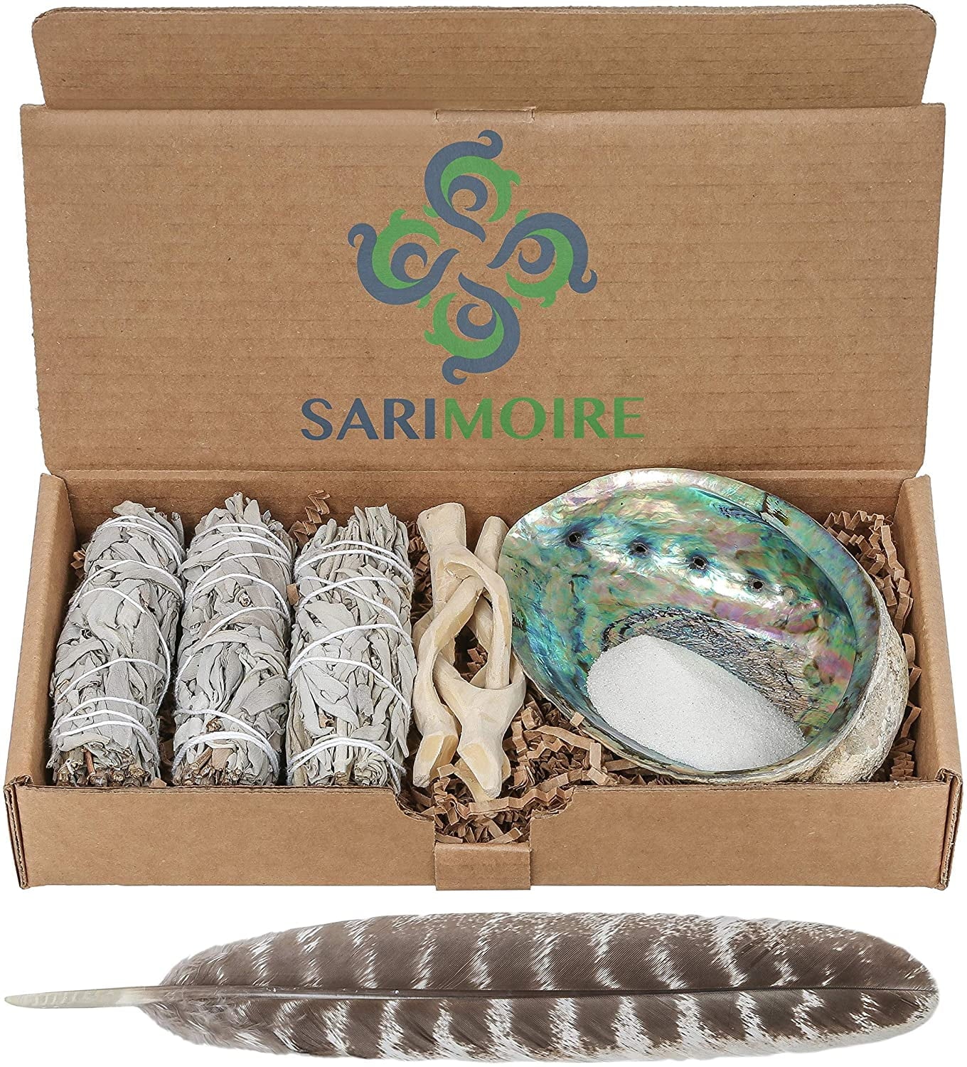 Sage Smudge Kit - White Sage Smudge Sticks - 4in ~ Abalone Shell 5-6in ~ 2in Tripod Stand ~ 9-12in Feather and White Sand