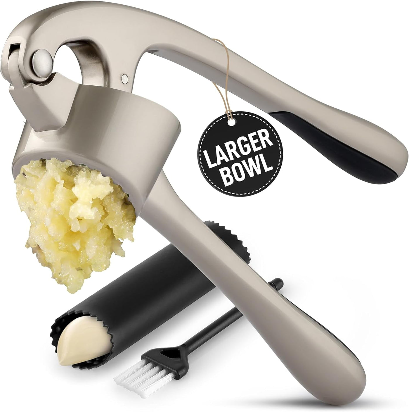 GZYNH  Premium Garlic Press Set - Rust Proof & Dishwasher Safe Professional Garlic Mincer Tool - Easy-Squeeze, Easy-Clean with Soft, Ergonomic Handle - Silicone Garlic Peeler & Brush (Silver)