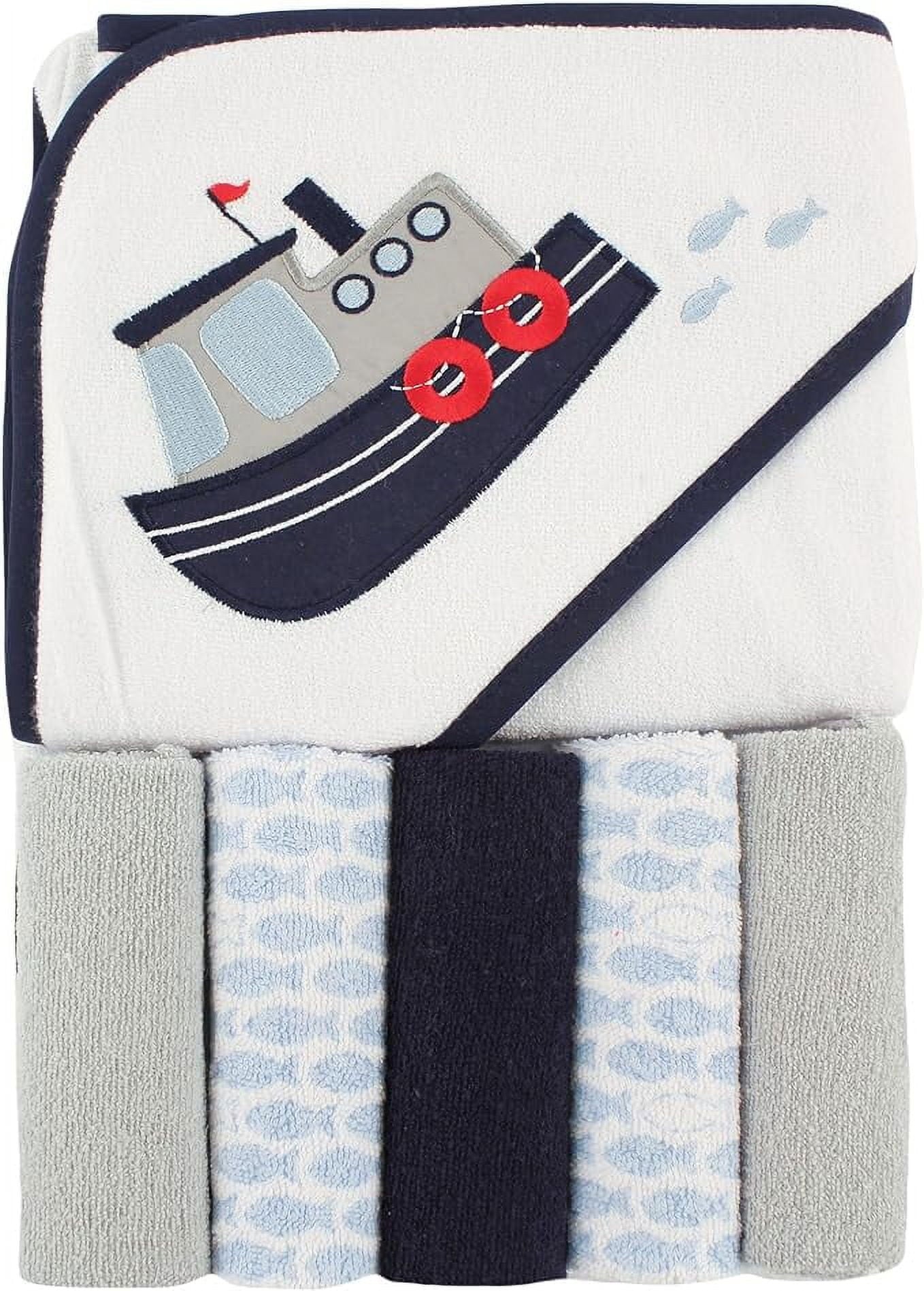 Luvable Friends Unisex Baby Hooded Towel with Five Washcloths, Tugboat, One Size