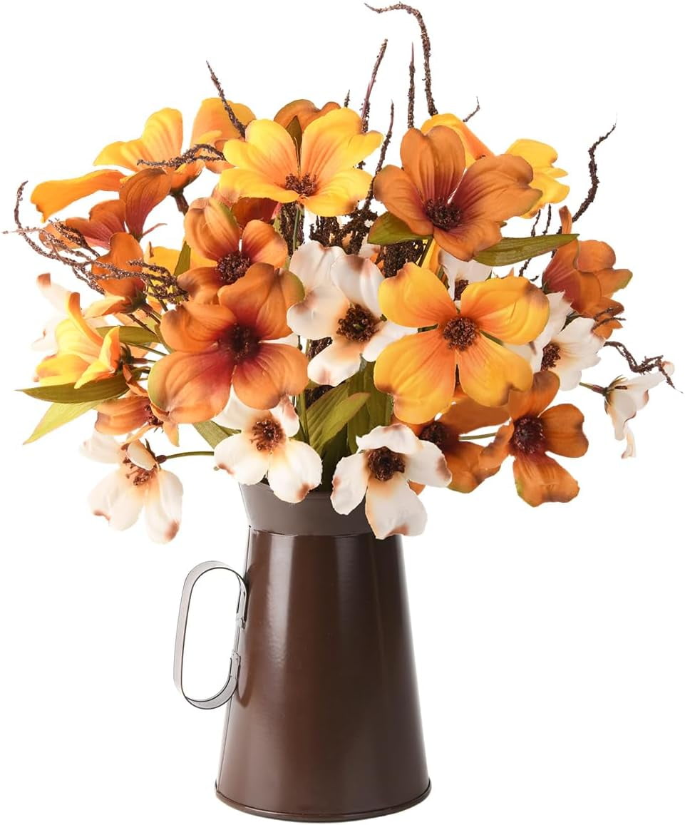 Fake Flowers with Vase,Artificial Silk Flowers in Vase,Faux Flower Arrangements with Vase for Home Office Farmhouse Kitchen Dining Table Centerpiece Decorations Coffee Table Decor(Orange)