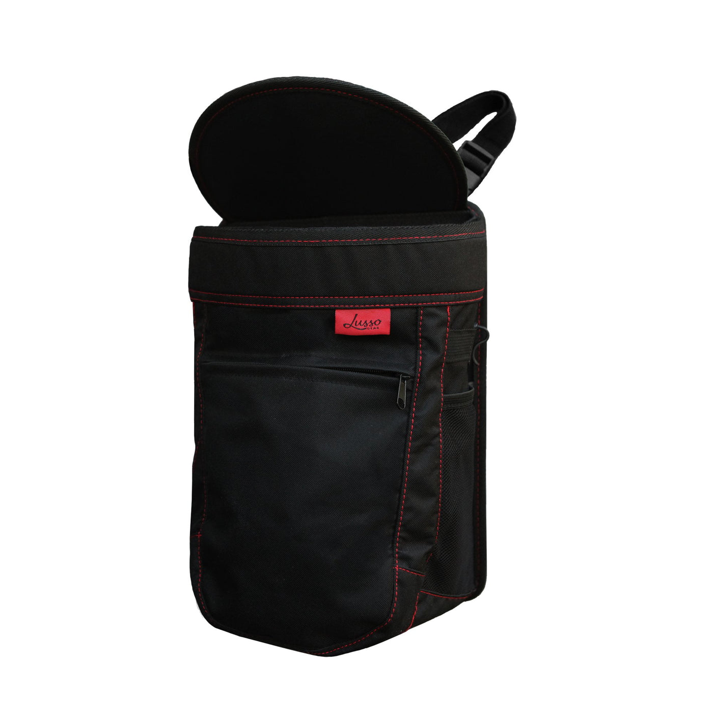 Lusso Gear | Car Trash Can | Hanging, Leakproof Vinyl Garbage Bin with Removable Liner | Large Capacity, Flip Open Lid | Hang or Mount | 2.5 Gallon, Black with Red Stitching