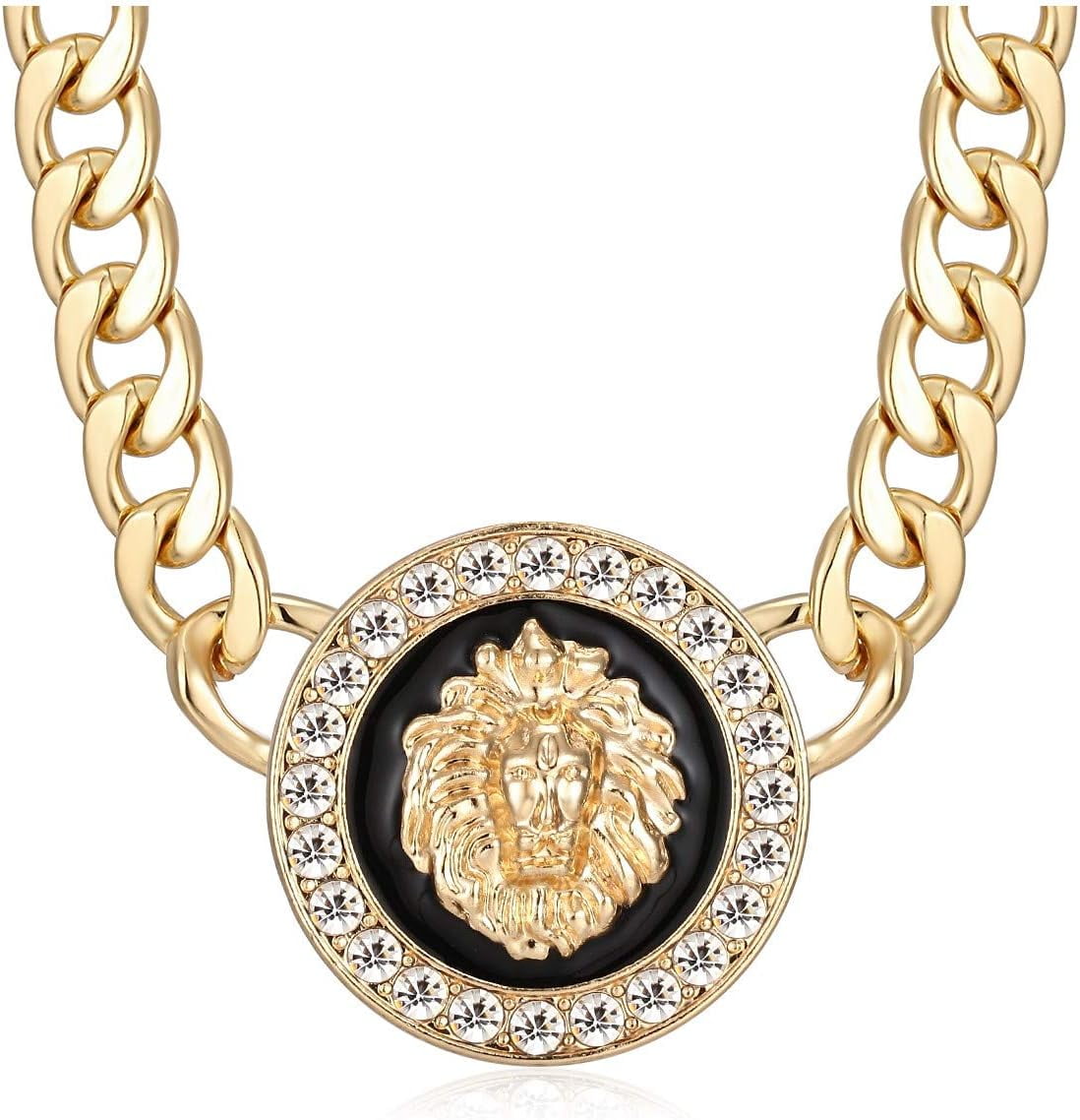 Gold Lion Heads Necklace for Women's Basketball Wives: Hip Hop Statement Chunky Chain Choker Jewelry - Cocktail Style with Shiny Crystals & Black Enamel Pendant - Perfect for Parties, Engagements, and