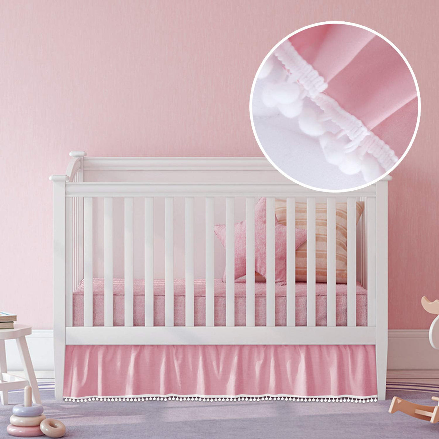 Biloban Pink Crib Skirt Pleated with White Lovely Pompoms, Bedding Dust Ruffle for Baby Girls, 14" Drop