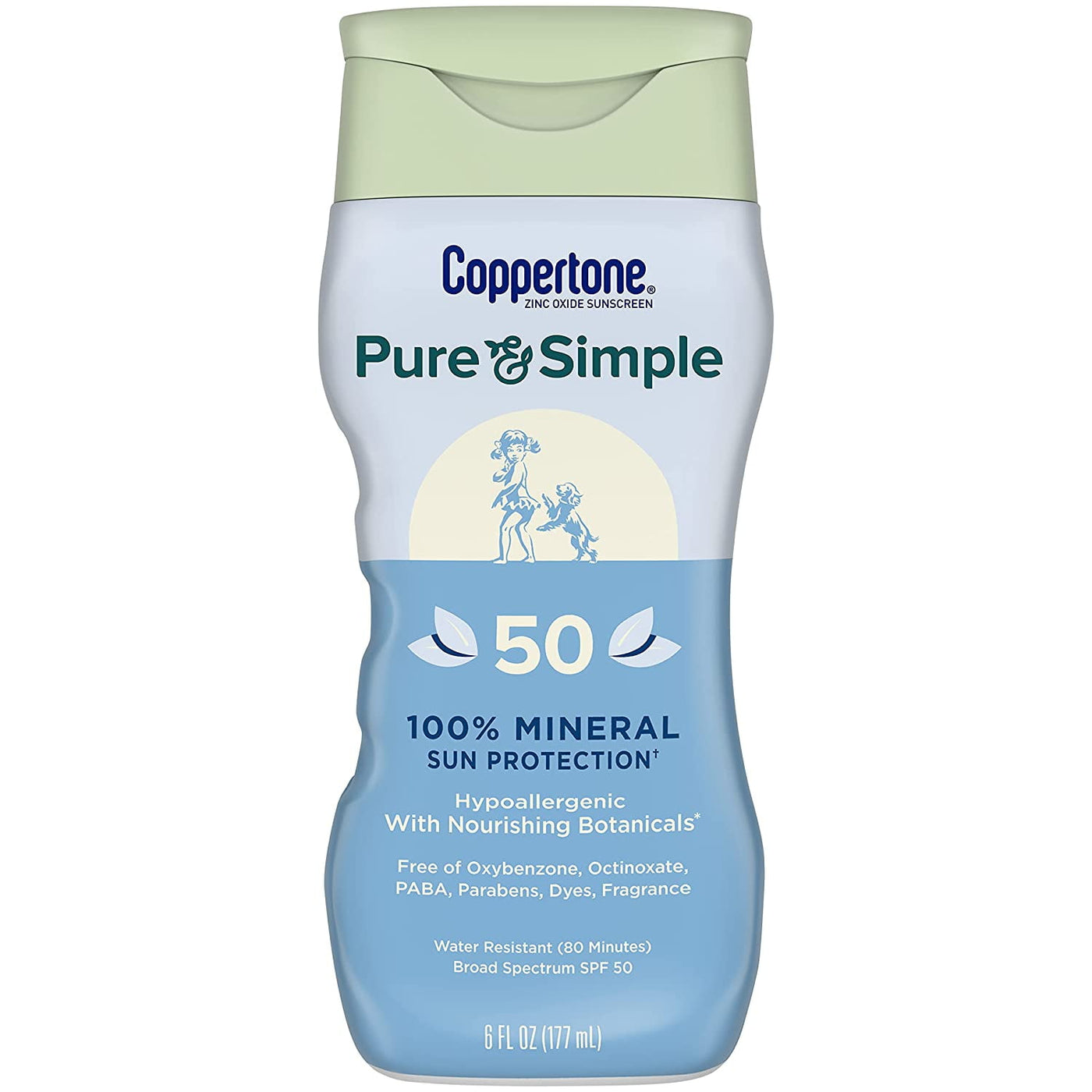 Coppertone Pure and Simple Zinc Oxide Mineral Sunscreen Lotion SPF 50, Body Sunscreen, Water Resistant, Broad Spectrum SPF 50 Sunscreen for Sensitive Skin, 6 Fl Oz Bottle