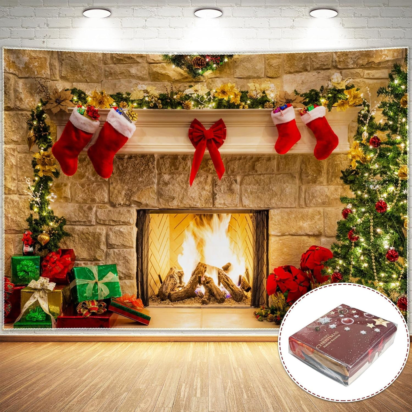 Haboke 7x5ft Soft Durable Fabric Christmas Fireplace Theme Backdrop for Photography Tree Sock Gift Decorations for Xmas Party Supplies Photo Background Pictures Banner Studio Decor Booth Pro