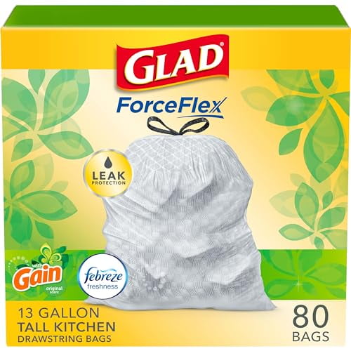 Glad ForceFlex Tall Kitchen Drawstring Trash Bags,13 Gal, Gain Original with Febreze, 80 Ct