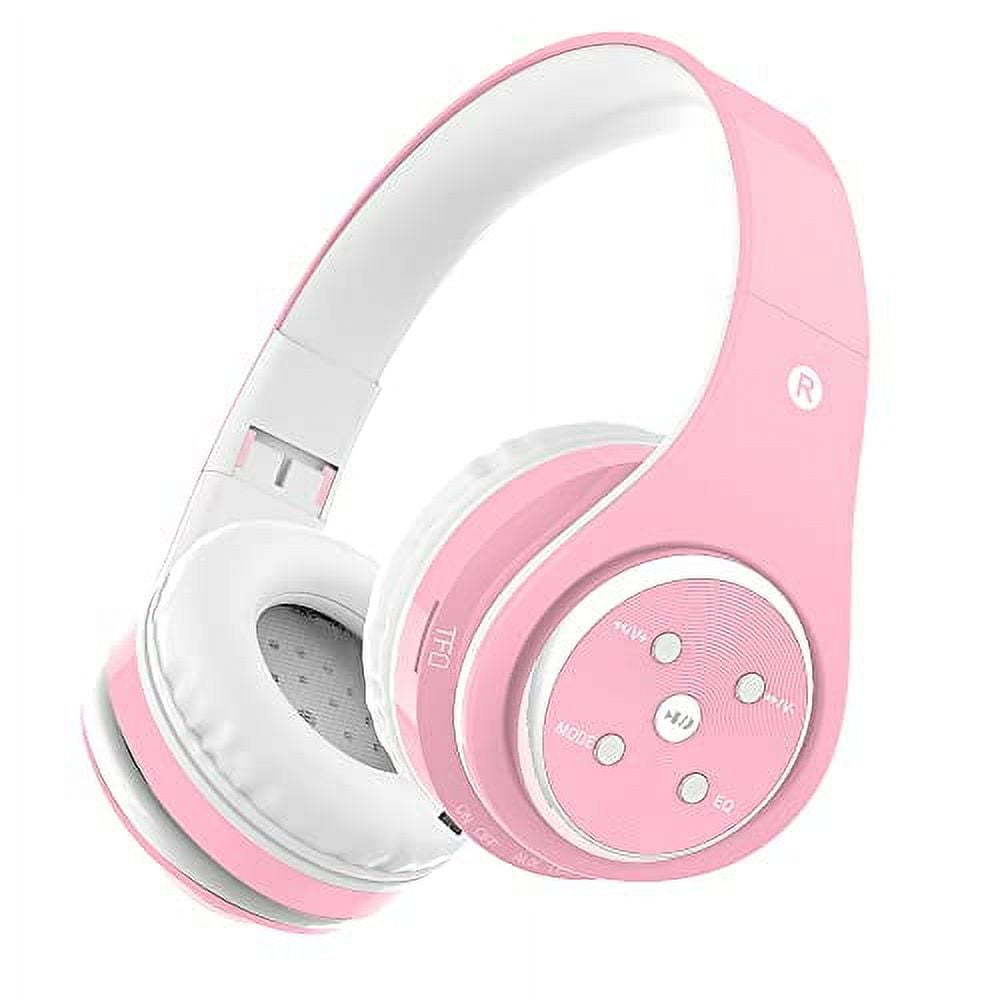 Kids Wireless Headphones Volume Limited Childrens Headset, up to 6-8 Hours Play, Stereo Sound, SD Card Slot, Over-Ear and Build-in Mic Wireless/Wired Headphones for Boys Girls(Light Pink)