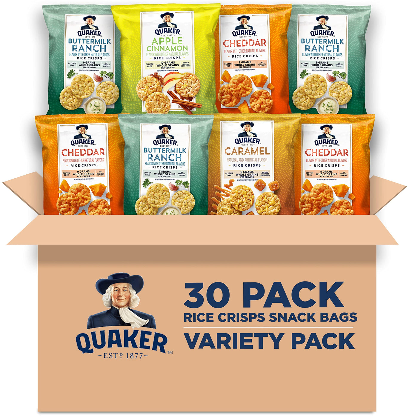 Quaker Rice Crisps, Gluten Free, 4 Flavor Sweet and Savory Variety Mix, Single Serve 0.67oz, 30 count NG01