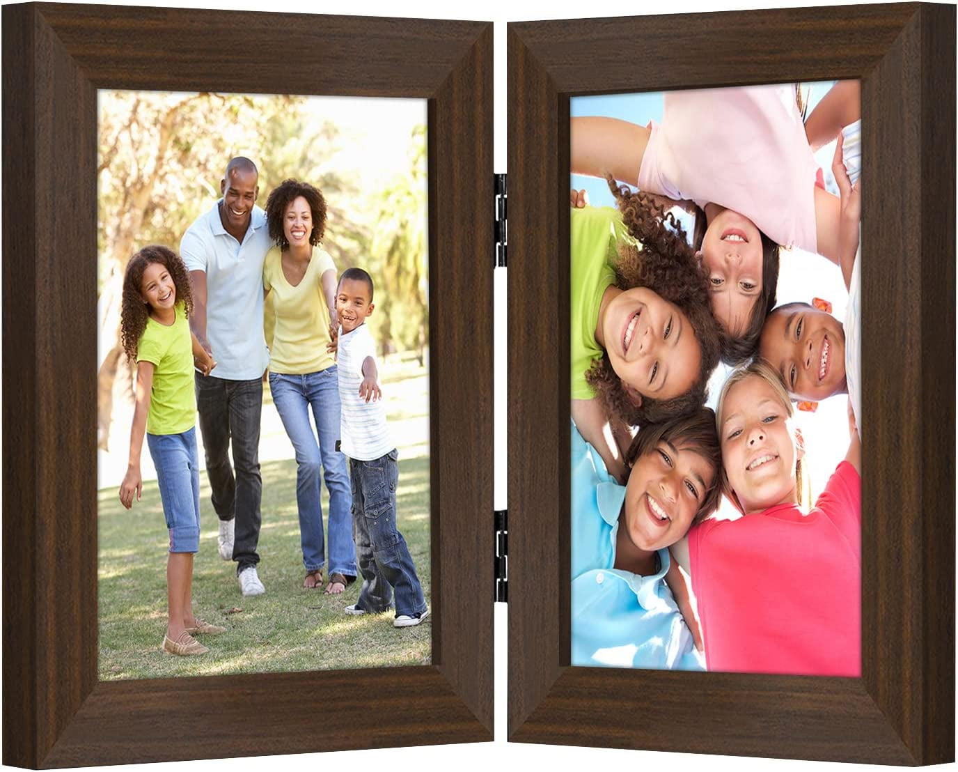 Americanflat 5x7 Hinged Picture Frame in Walnut with Two Displays - Composite Wood with Polished Glass for Tabletop