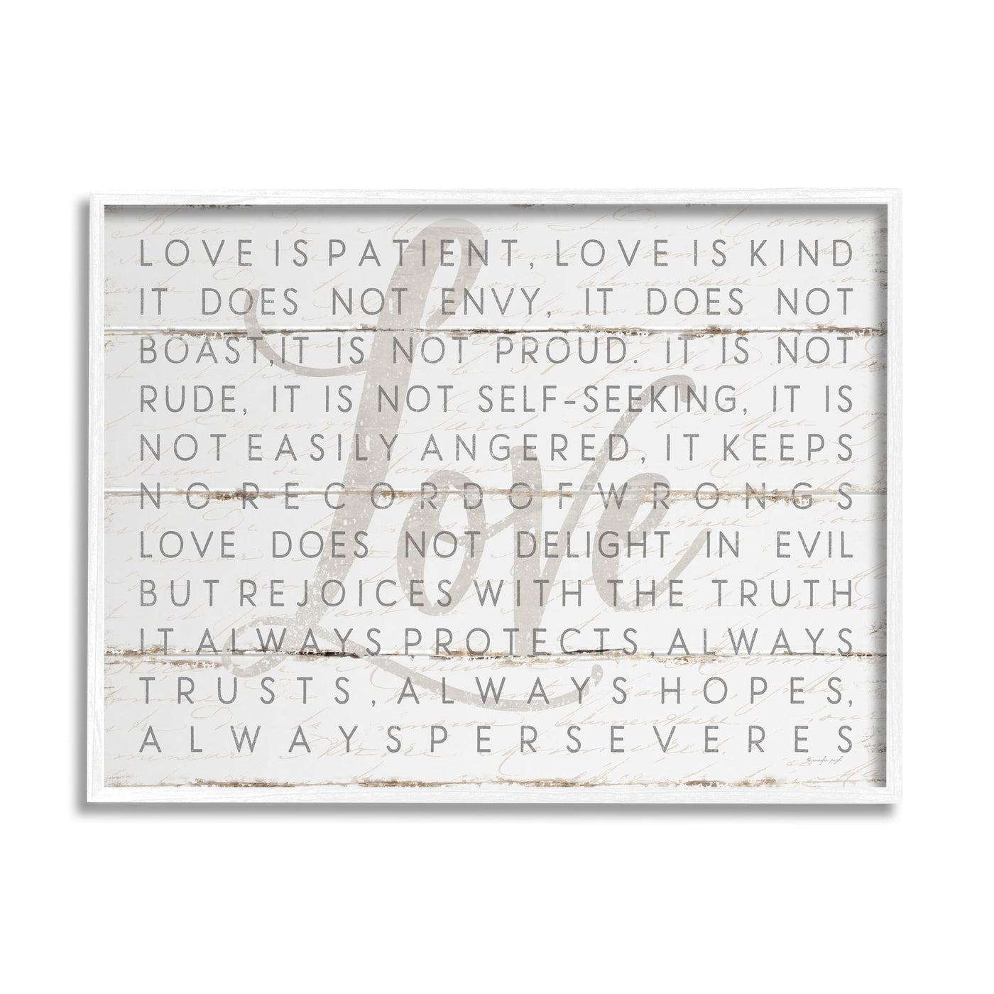 Stupell Industries Love Is Patient Grey on White Planked Look, 24 x 30,Design by Jennifer Pugh