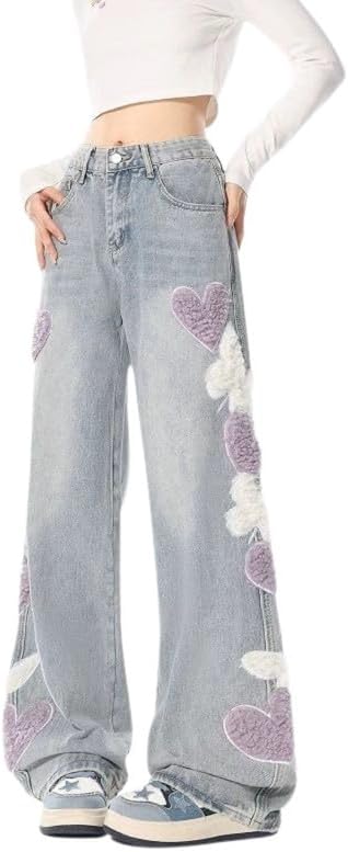 Cute Jeans for Women Girls Star Patchwork Pants Y2K High Waisted Straight Leg Baggy Jean Casual Preppy Clothes