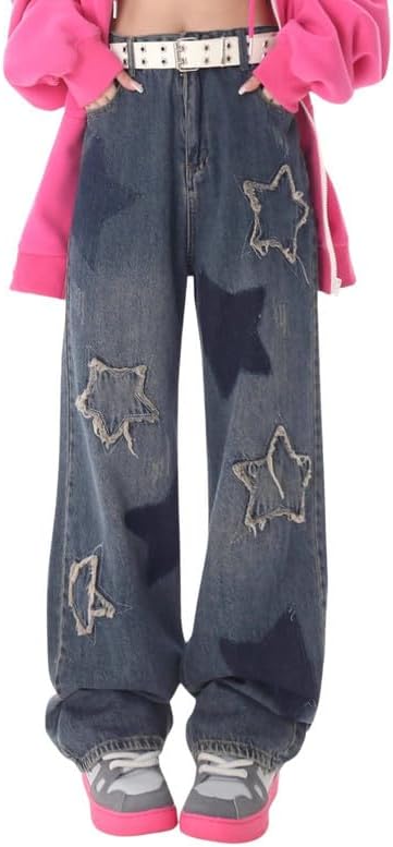 Cute Jeans for Women Girls Star Patchwork Pants Y2K High Waisted Straight Leg Baggy Jean Casual Preppy Clothes