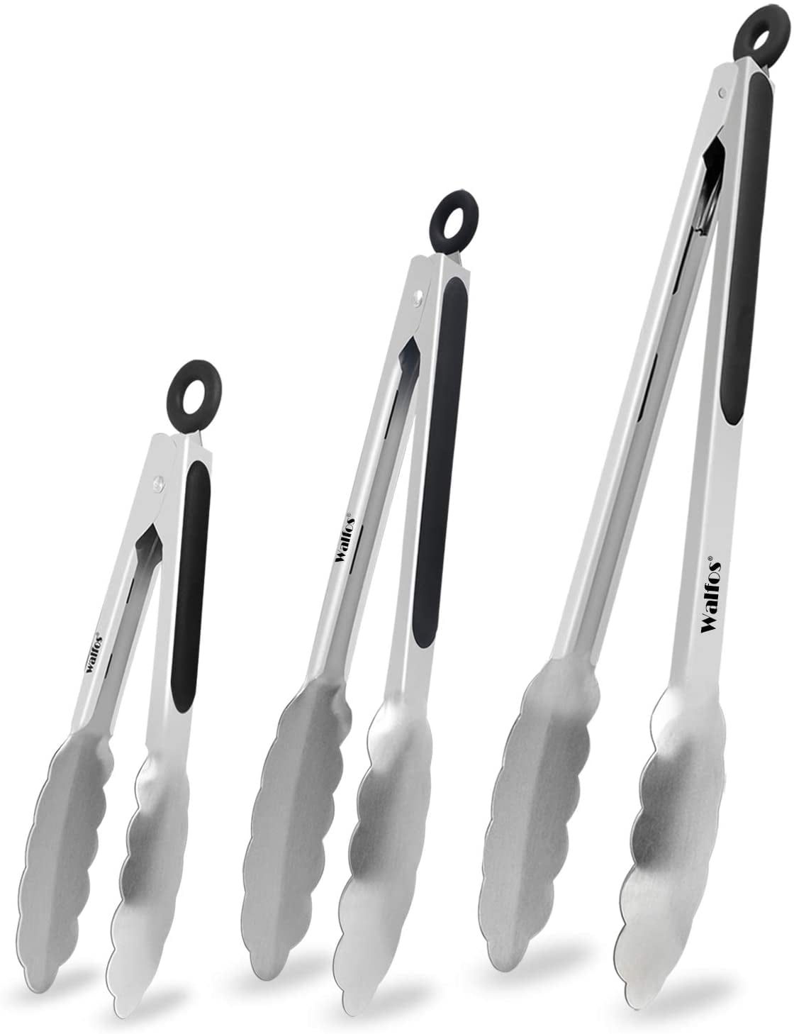 Food Grade Stainless Steel Kitchen Tongs for Cooking,BBQ - 7 9 and 12 Inch,Set of 3 Heavy Duty Locking Metal Food Tongs Non-Slip Grip