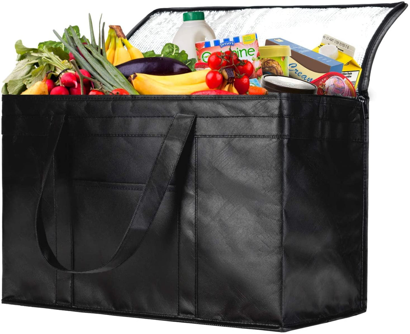 NZ Home XXL Insulated Grocery Bag, Hot & Cold Food Delivery Bag, Light Weight, Collapsible, Washable, Heavy Duty, Stands Upright, Completely Reinforced Bottom & Handles (1 Pack, Black)