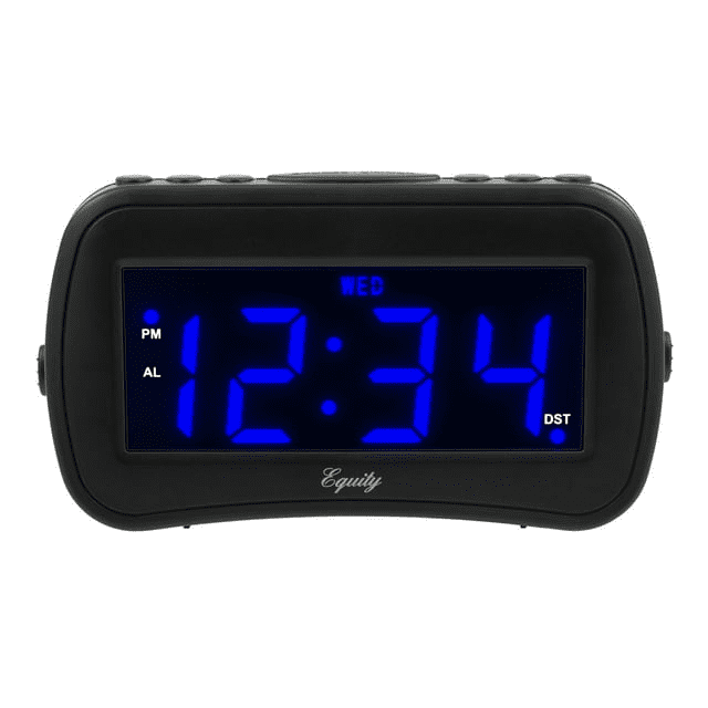 Equity 1.4 inch Day of Week Insta-Set Black LCD Alarm Clock, 30022