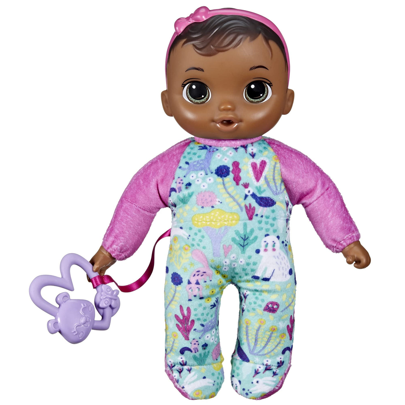 Baby Alive Soft ‘n Cute Doll, Brown Hair, 11-Inch, Washable, 18 Months and Up, Teether Accessory BE18