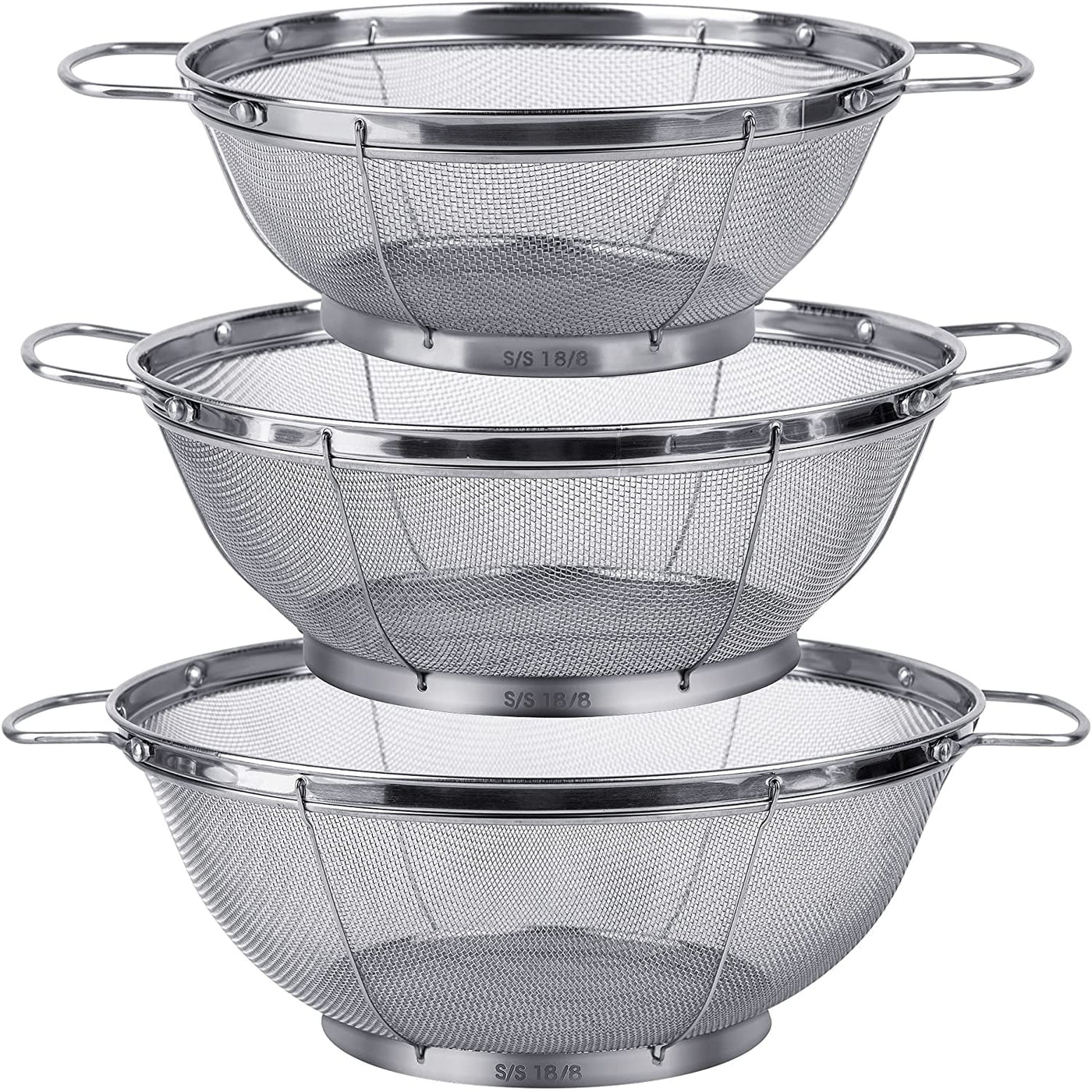 3 Pack Stainless Steel Colander Sieves - 5-Quart, 4-Quart, and 3-Quart Mesh Strainer Net Baskets