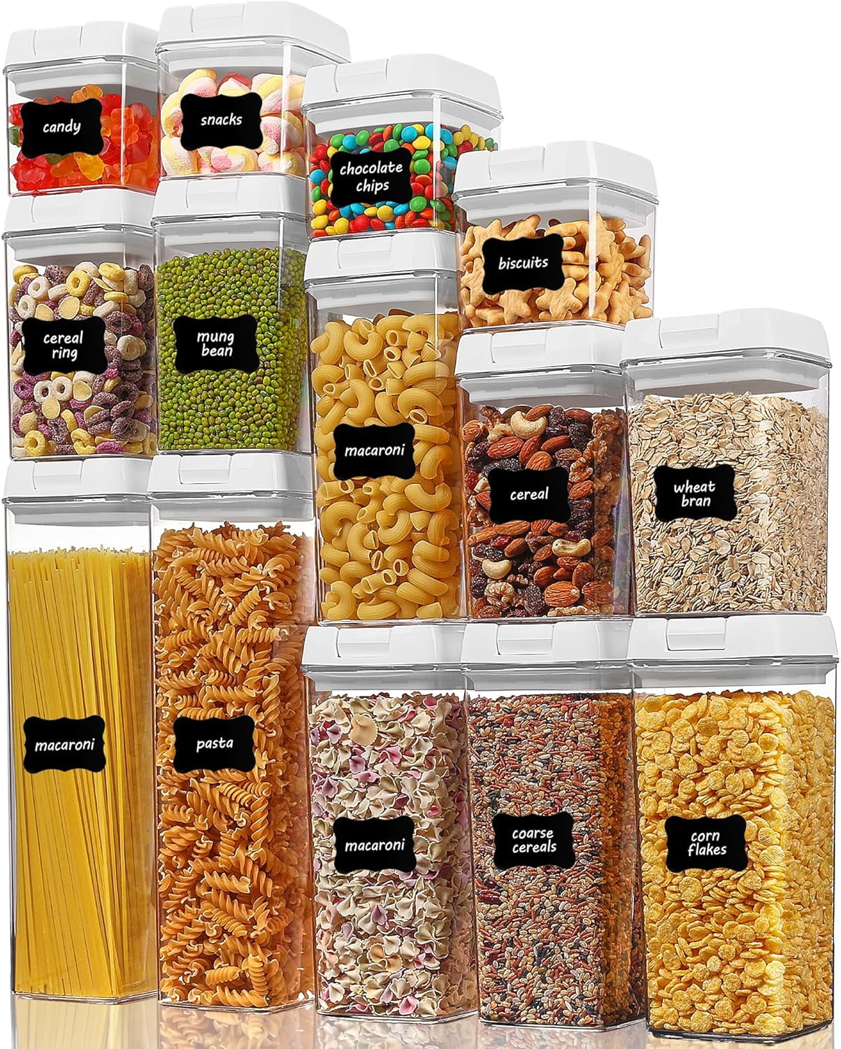 14 PCS Airtight Food Storage Containers Set,  Free Plastic Kitchen Pantry Organizer, with Easy Lock Lids for Pasta Spaghetti Cereal Snack Flour Sugar Rice Organization, Include 24 Labels