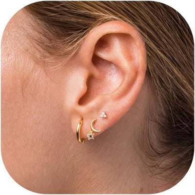 3 Pairs Gold Hoop Earrings Set: Dainty Stud Earrings Trendy Small 14K Gold Plated Hypoallergenic Dangle Cartilage Huggie Hoop Earrings for Women Gold Jewelry for Women Gifts