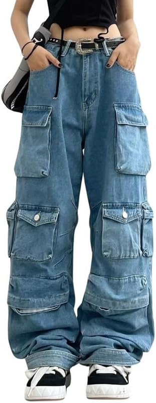 Baggy Cargo Pants for Women Girls Wide Leg Jeans Y2k Hip Hop Streetwear Low Rise Oversized Jeans Grunge Clothes Blue