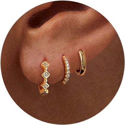 3 Pairs Gold Hoop Earrings Set: Dainty Stud Earrings Trendy Small 14K Gold Plated Hypoallergenic Dangle Cartilage Huggie Hoop Earrings for Women Gold Jewelry for Women Gifts