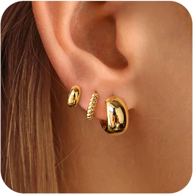 3 Pairs Gold Hoop Earrings Set: Dainty Stud Earrings Trendy Small 14K Gold Plated Hypoallergenic Dangle Cartilage Huggie Hoop Earrings for Women Gold Jewelry for Women Gifts