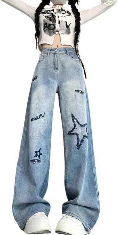 Cute Jeans for Women Girls Star Patchwork Pants Y2K High Waisted Straight Leg Baggy Jean Casual Preppy Clothes