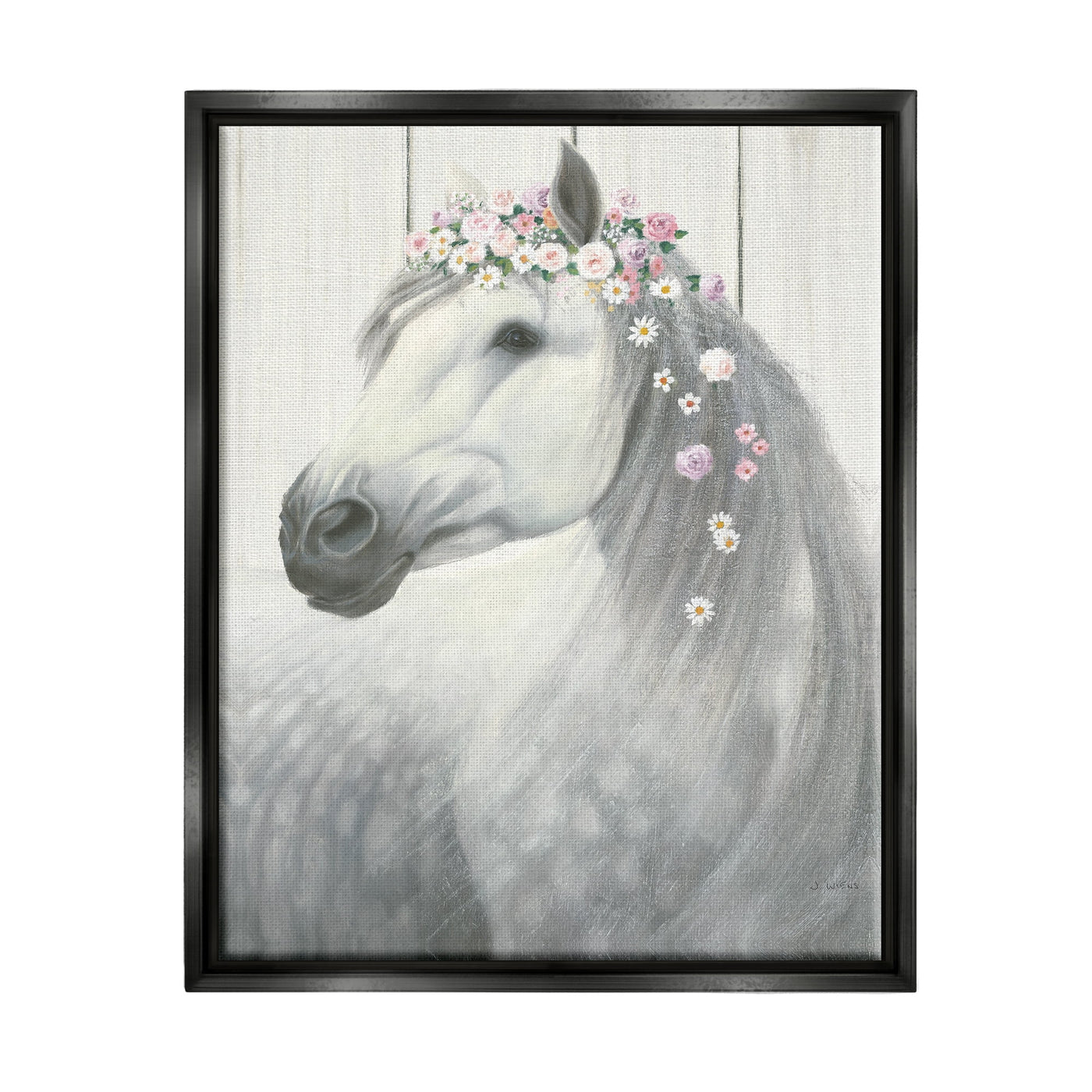 Stupell Industries Spirit Stallion Horse with Flower Crown Jet Black Framed Floating Canvas Wall Art, 16x20, by James Wiens