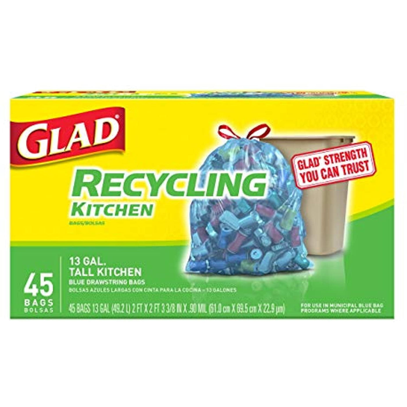 Glad Tall Kitchen Drawstring Recycling Bags - 13 Gallon Blue Trash Bag - 45 Count Each