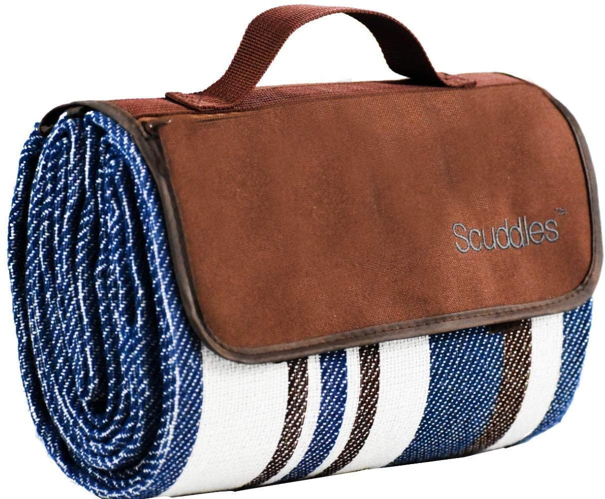 Scuddles Large Picnic and Outdoor Blanket Dual Layers For Outdoor Water-Resistant Handy Mat Tote Spring Summer Blue and White Striped Great for the Beach, Camping on Grass Waterproof Sandproof