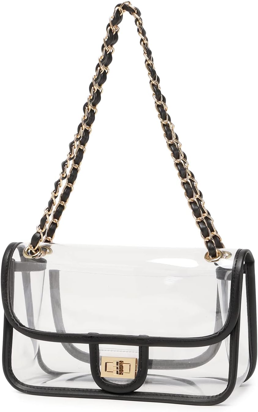 Womens PVC Clear Purse Handbag with Chain Stadium Approved Clear Bag See Through Bag for Working and Concert