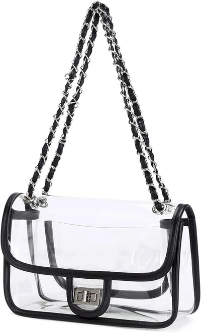 Womens PVC Clear Purse Handbag with Chain Stadium Approved Clear Bag See Through Bag for Working and Concert