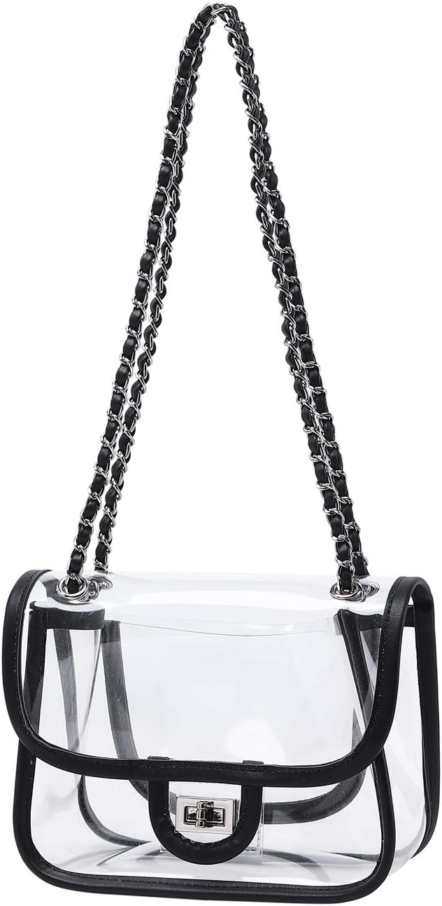 Womens PVC Clear Purse Handbag with Chain Stadium Approved Clear Bag See Through Bag for Working and Concert