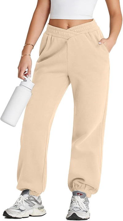 Herseas Women's V Crossover Waist Sweatpants Baggy Y2K Jogger Pants Wide Leg Fleeced Lounge Pants